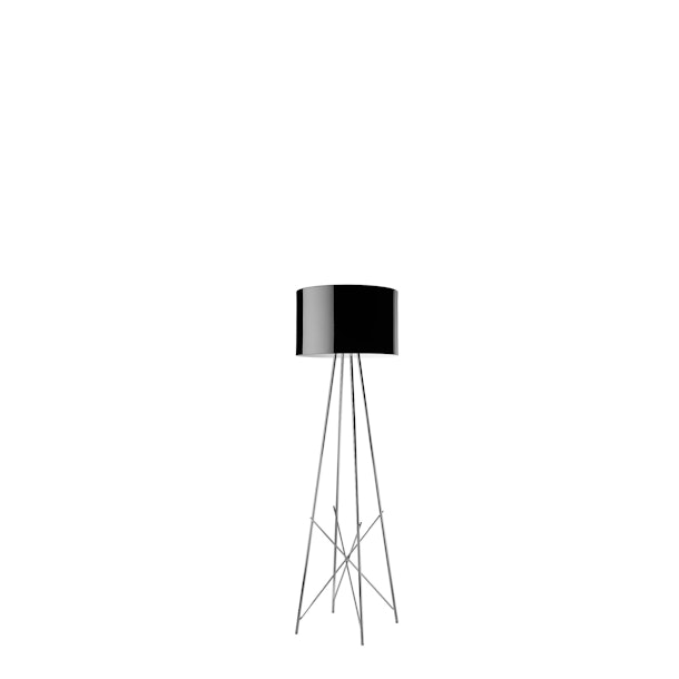 Ray Floor 1 - Floor lamp Steel tube (10 mm diam.) structure, welded, brushed and chrome-plated. Diffuser support disk in die-cast, polished and chrome-plated Zamak alloy. Injection-molded PA6 (nylon)